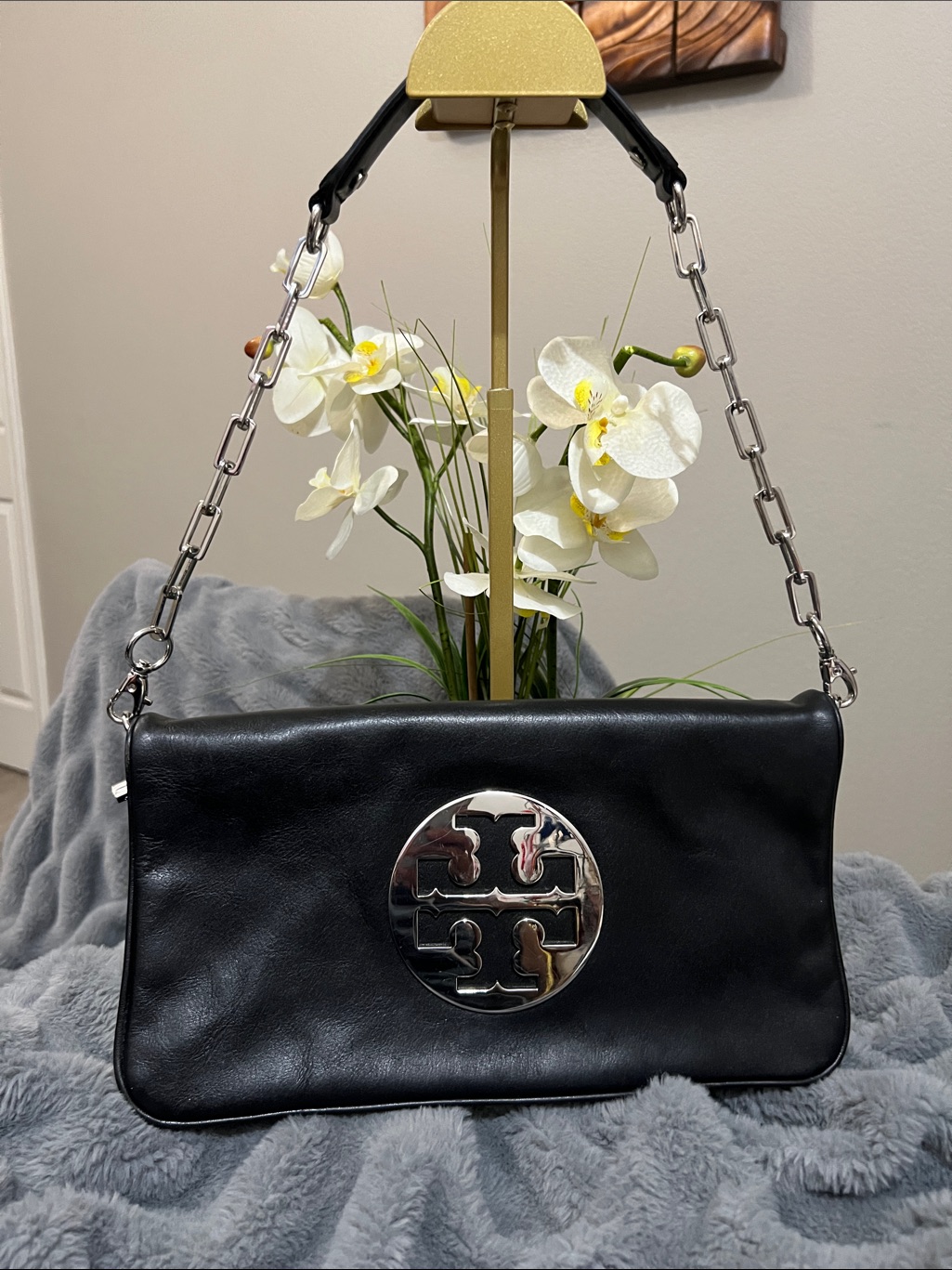 Tory Burch Reva Black Leather Foldover Shoulder / Clutch Bag Euc Retail $349